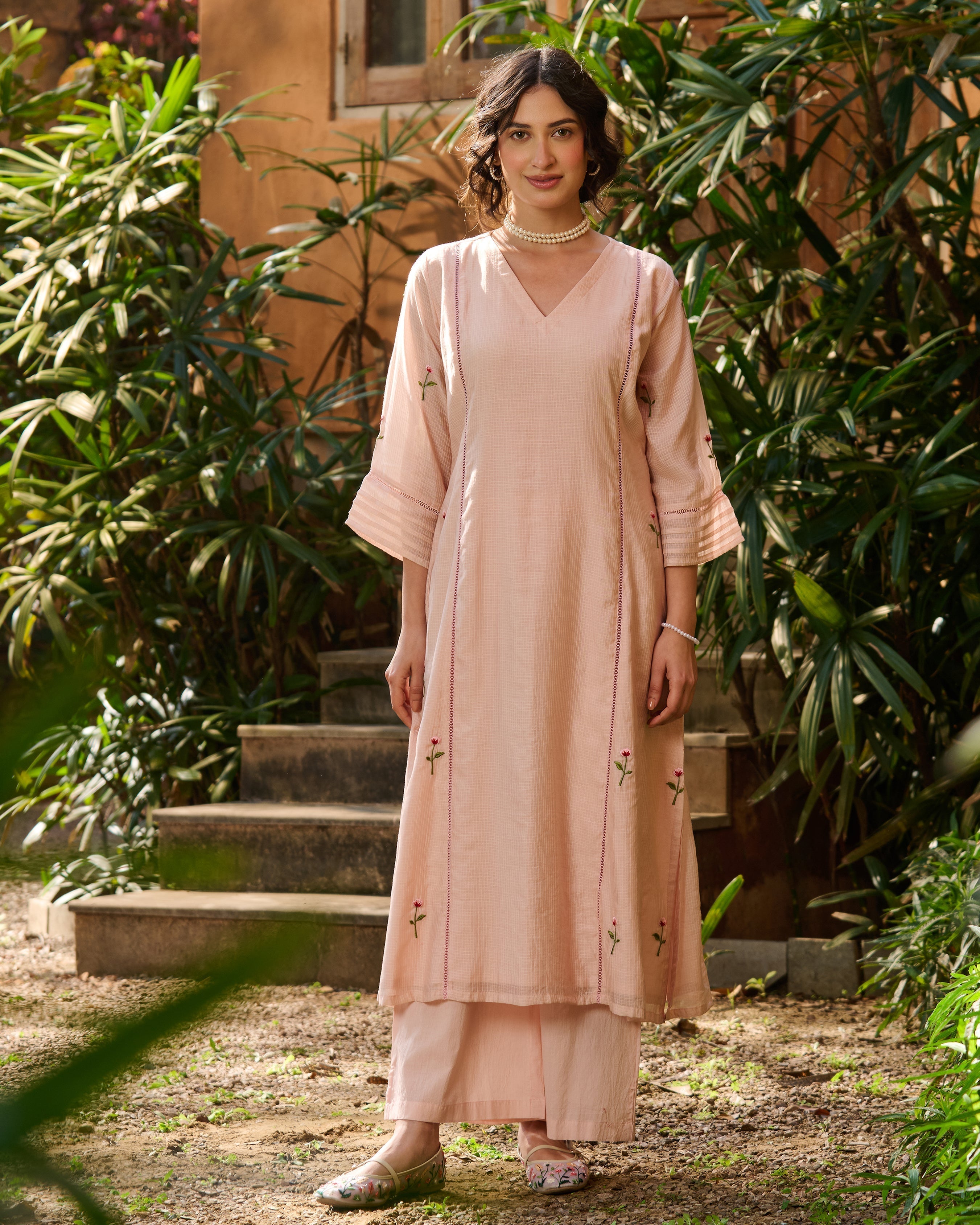 Lina Peach Embroidered Cotton Checks Kurta Set