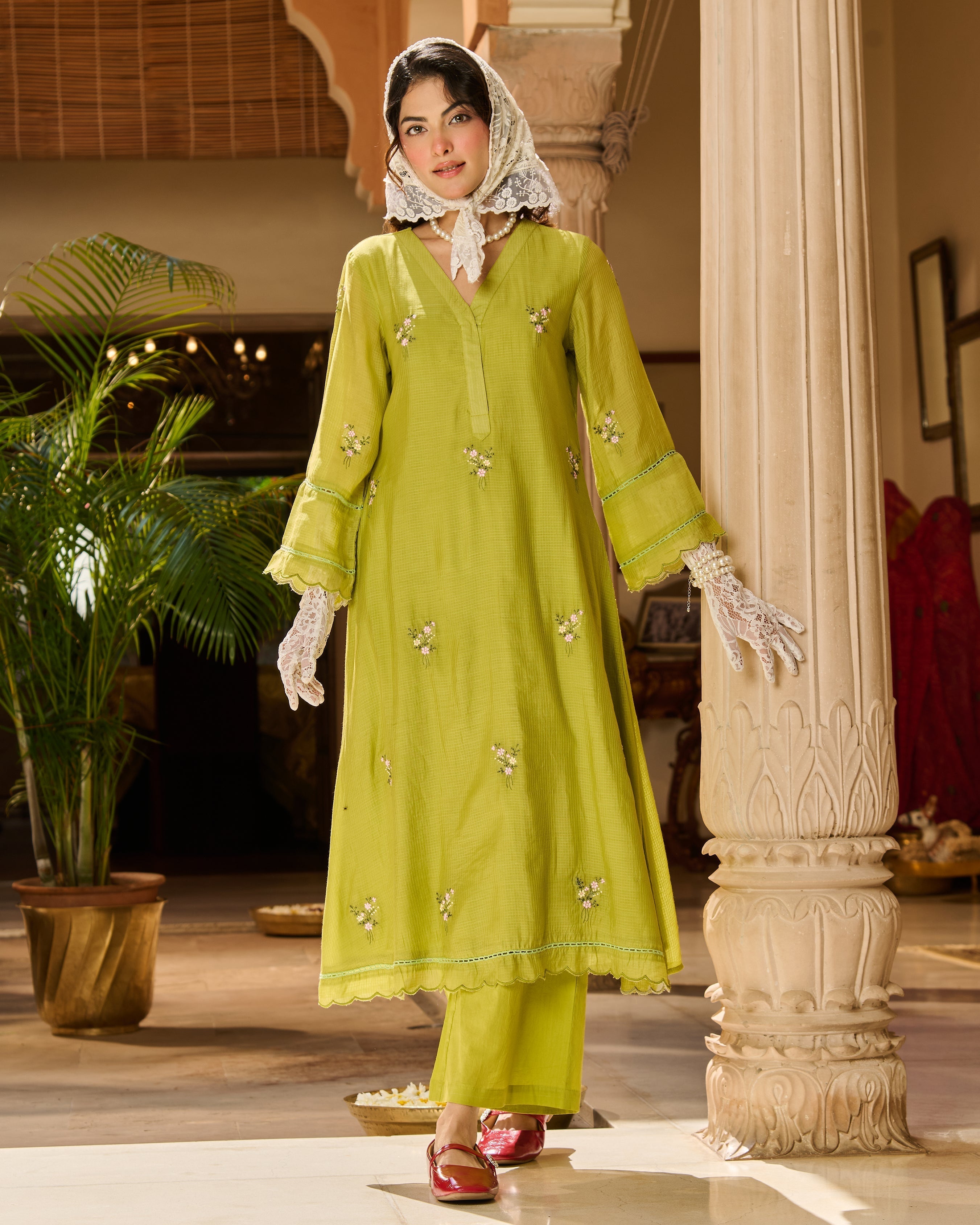 Nino Green Embroidered Cotton Checks Kurta Set