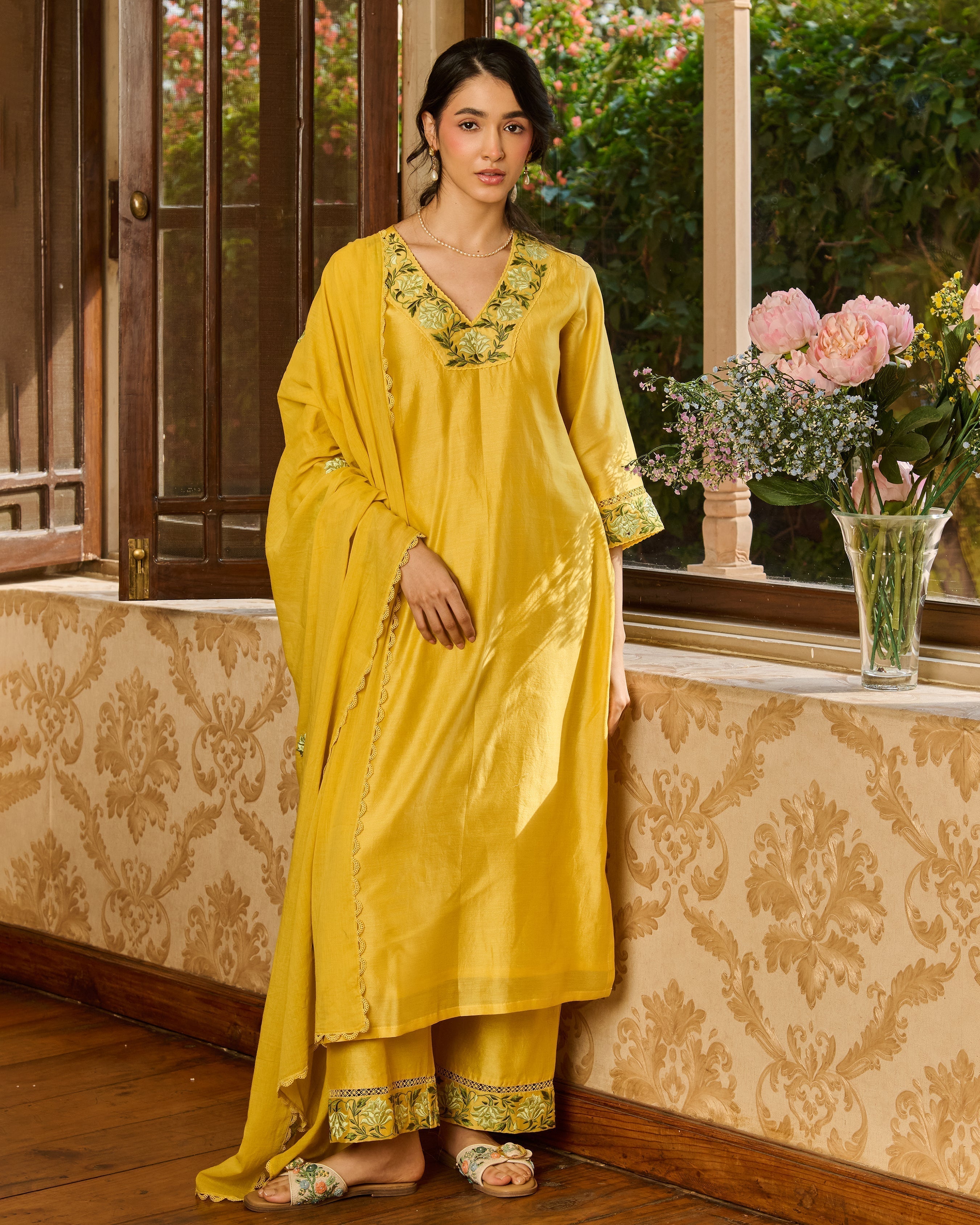 Limo Yellow Embroidered Chanderi Suit Set