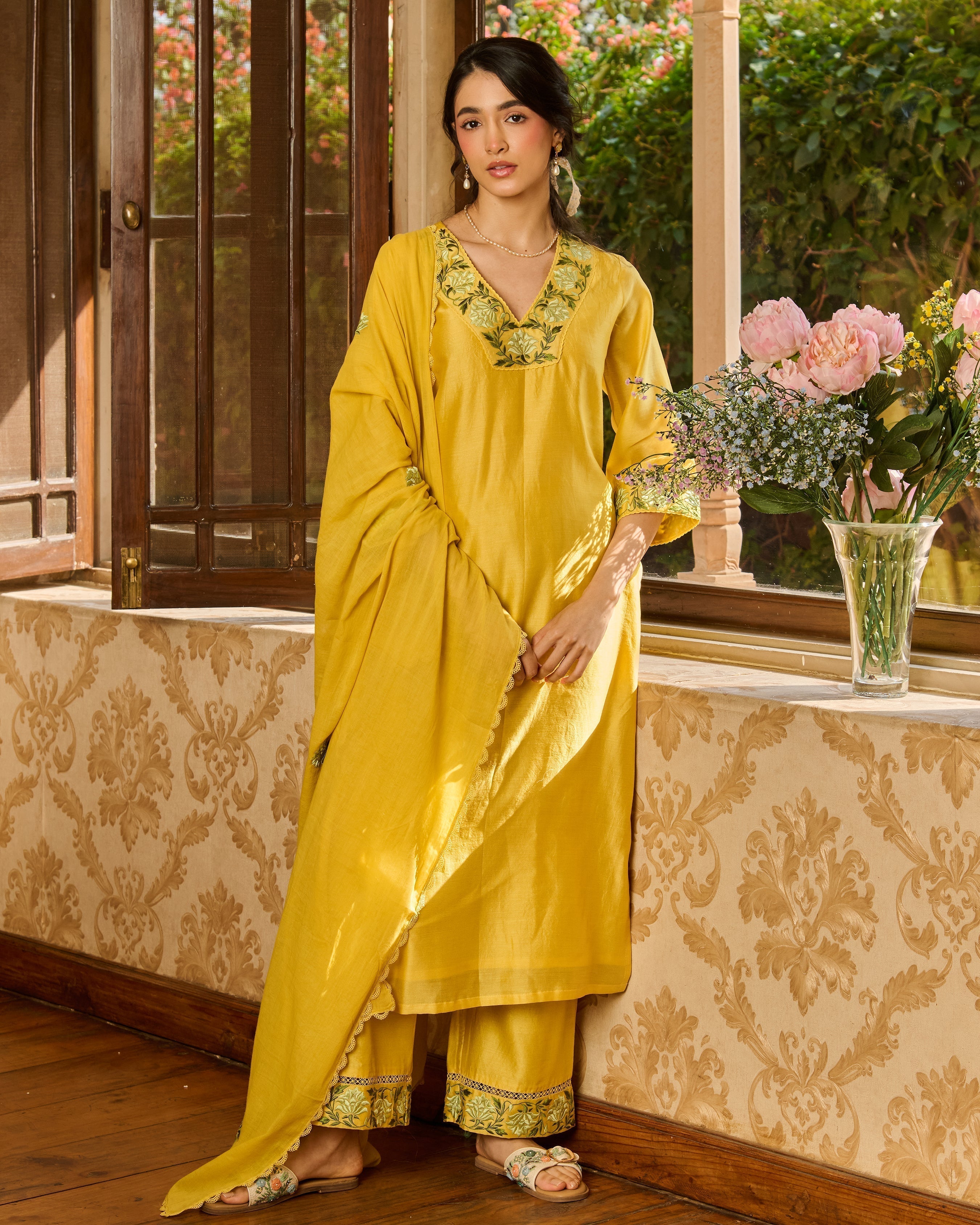 Limo Yellow Embroidered Chanderi Suit Set