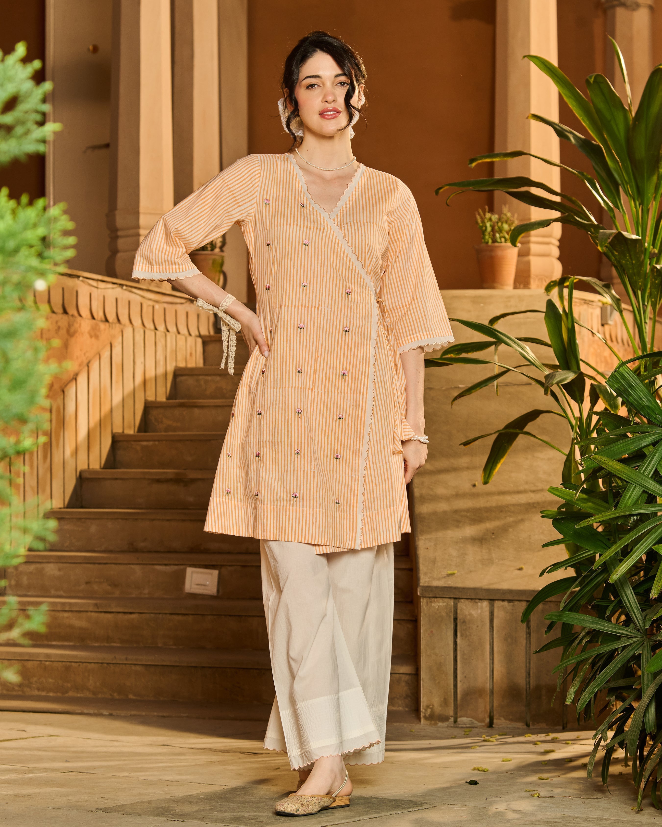 Manon Orange Printed Cotton Stripes Kurta Set