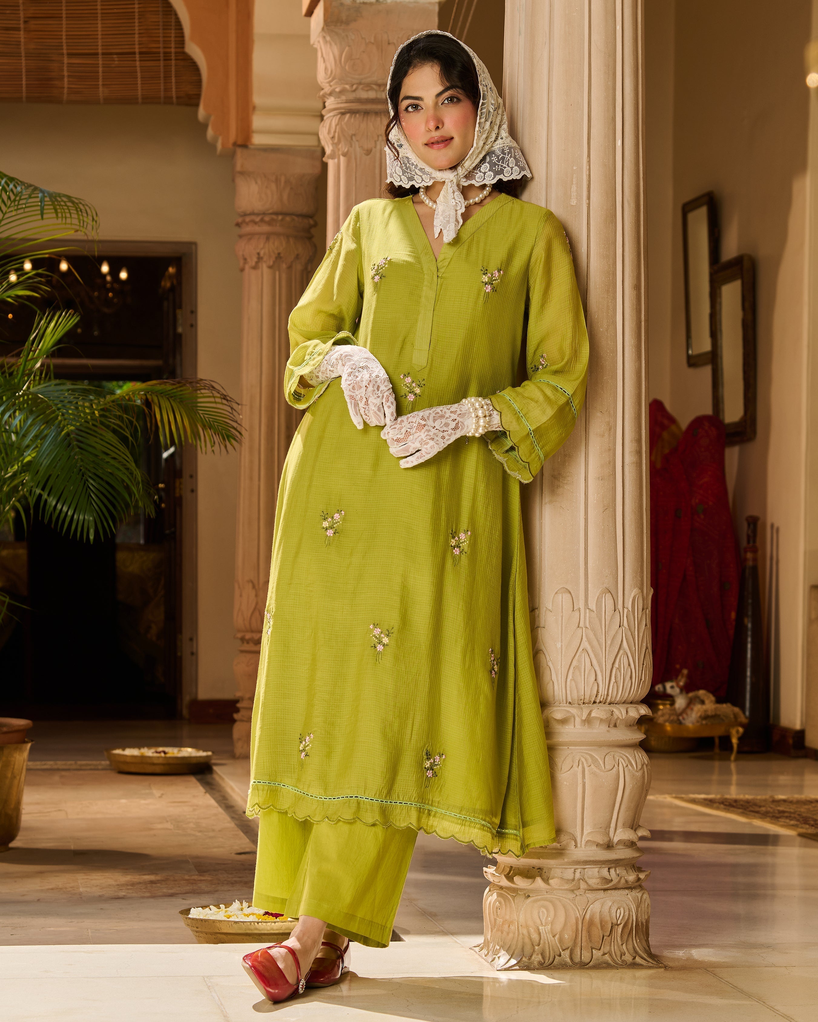 Nino Green Embroidered Cotton Checks Kurta Set