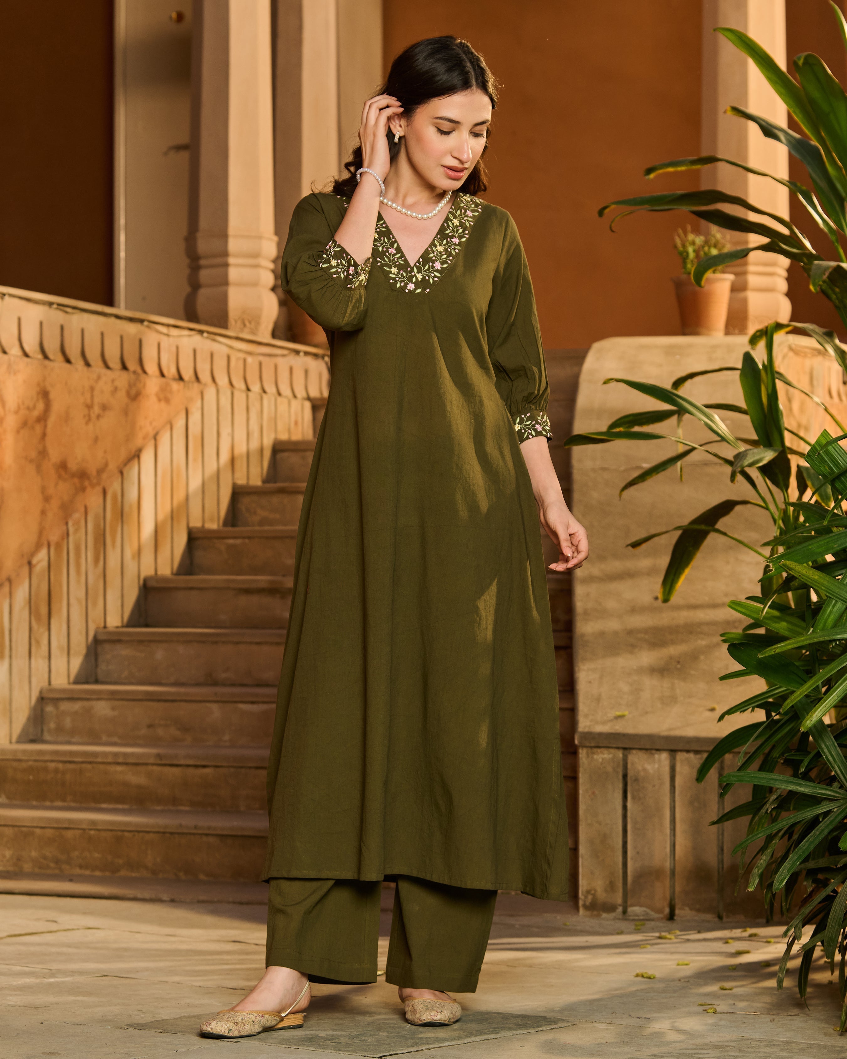 Dot Green Embroidered Cotton Kurta Set