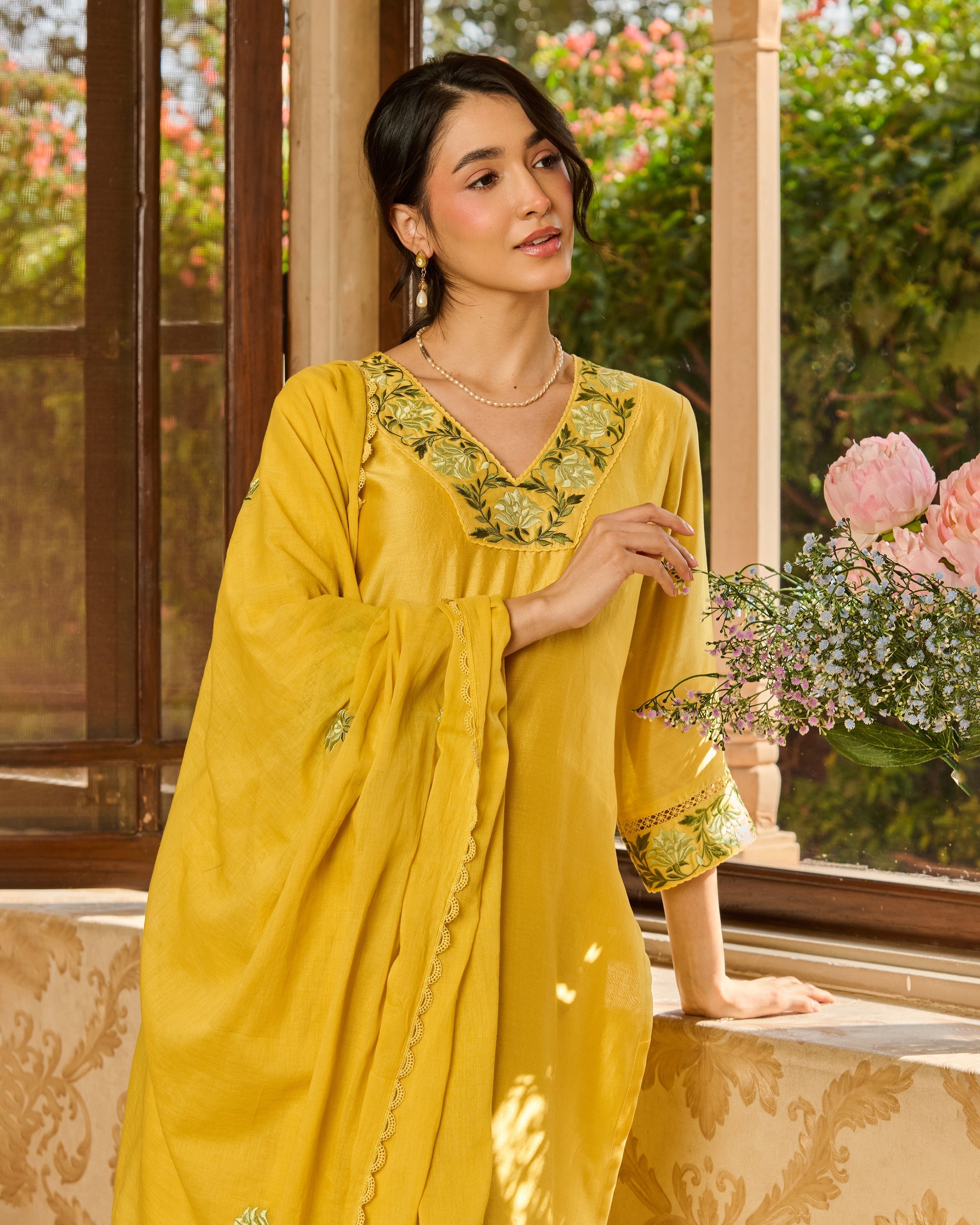 Limo Yellow Embroidered Chanderi Suit Set